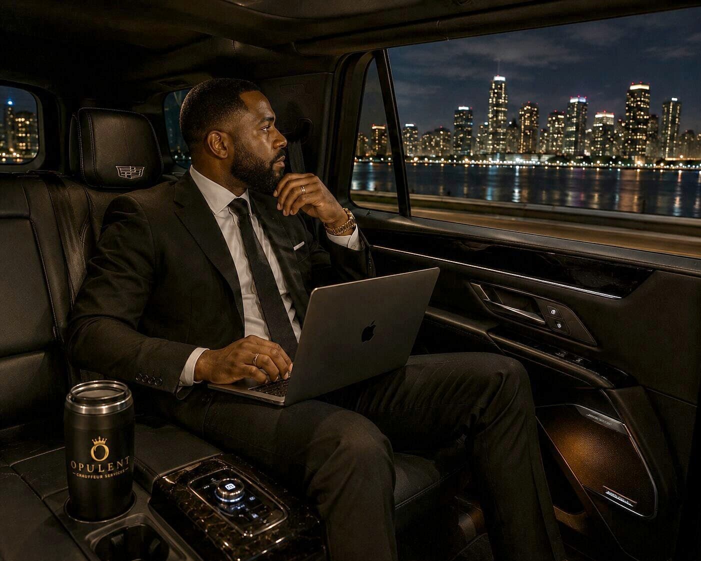 Executive working on a laptop in the back seat overlooking the Miami skyline