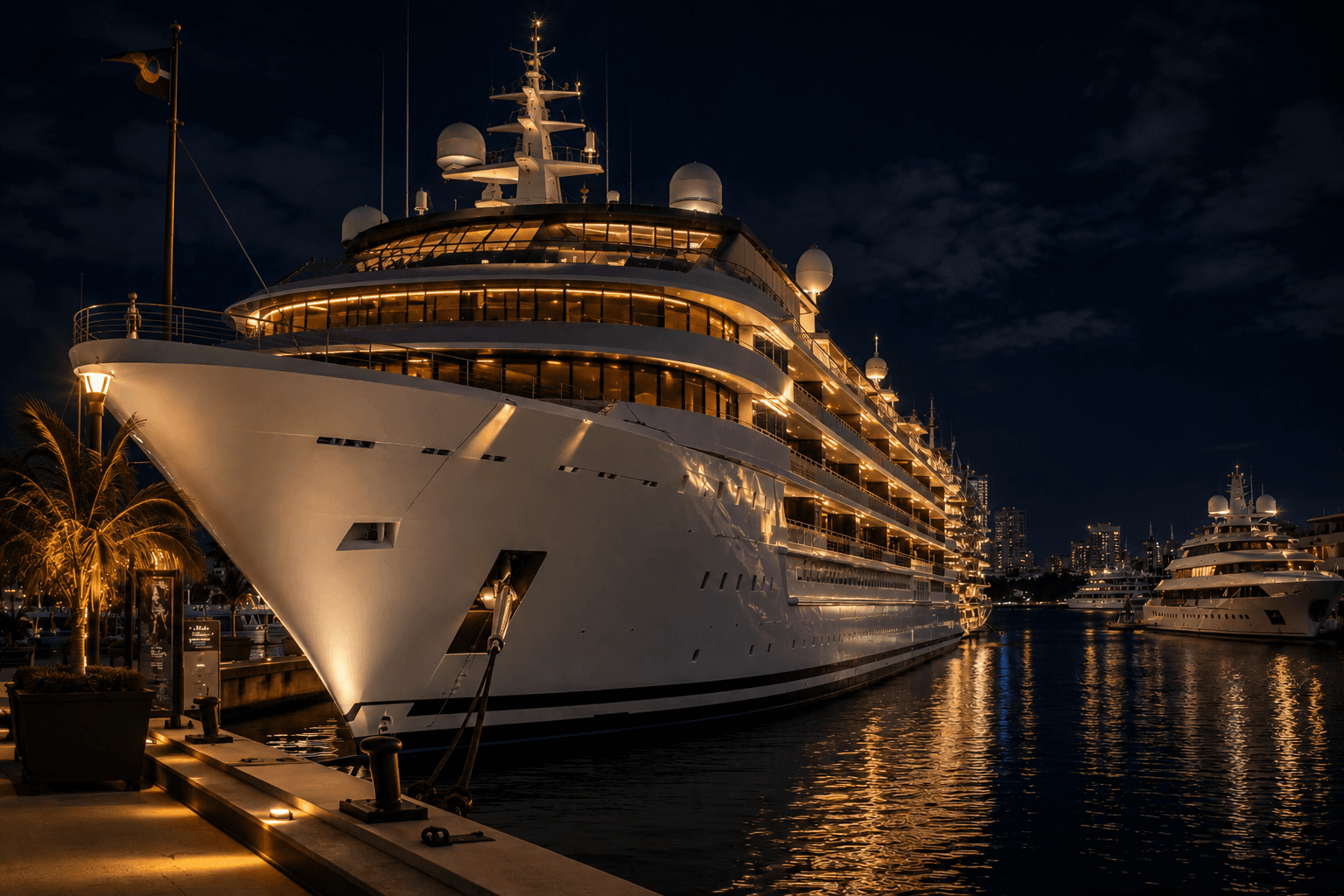 Cruise ship departing a South Florida port at night