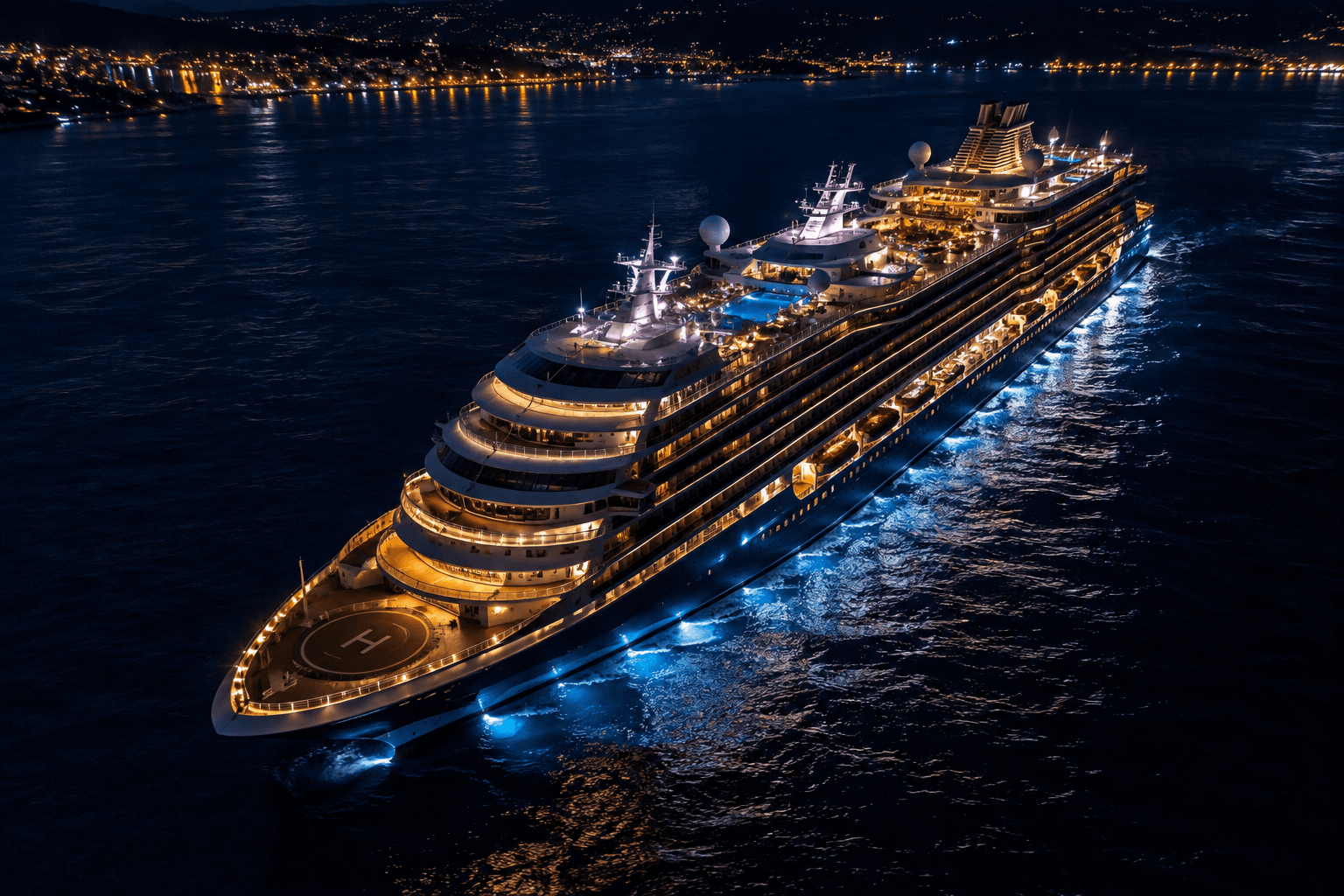 Cruise port dock lit up at night